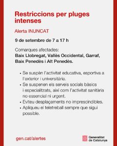 ALERTA, restriccions per fortes pluges per dimecres 9 de setembre 2 Imatge de ALERTA, restriccions per fortes pluges per dimecres 9 de setembre 2